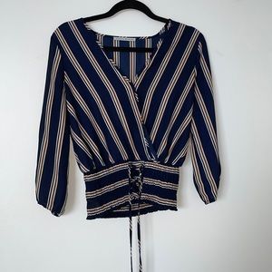 HAUTE MONDE - Blue Striped Blouse with Corset Tie